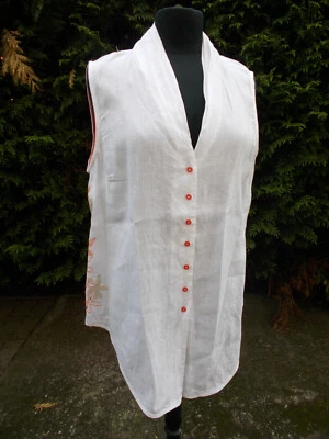 Chemisier long 100% lin blanc sans manches Lady Captain 44 col V fleurs orange - Photo 1/4