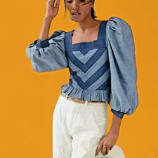 ANTHROPOLOGIE Love The Label Chambray Chevron blue smock peasant top denim M 4D