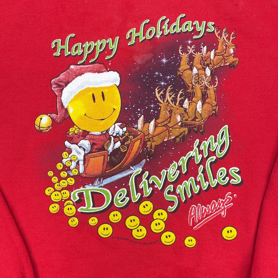 Vintage Christmas Sweater Women Large Red Crew Neck Sweatshirt USA 90s Smiley - Image 2 of 4