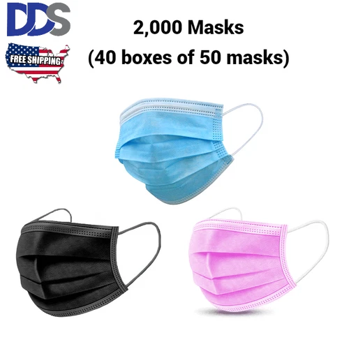 3-Ply Disposable Face Masks-2000 Masks-Blue,Black,Pink-40 Boxes-50 Masks 90%BFE