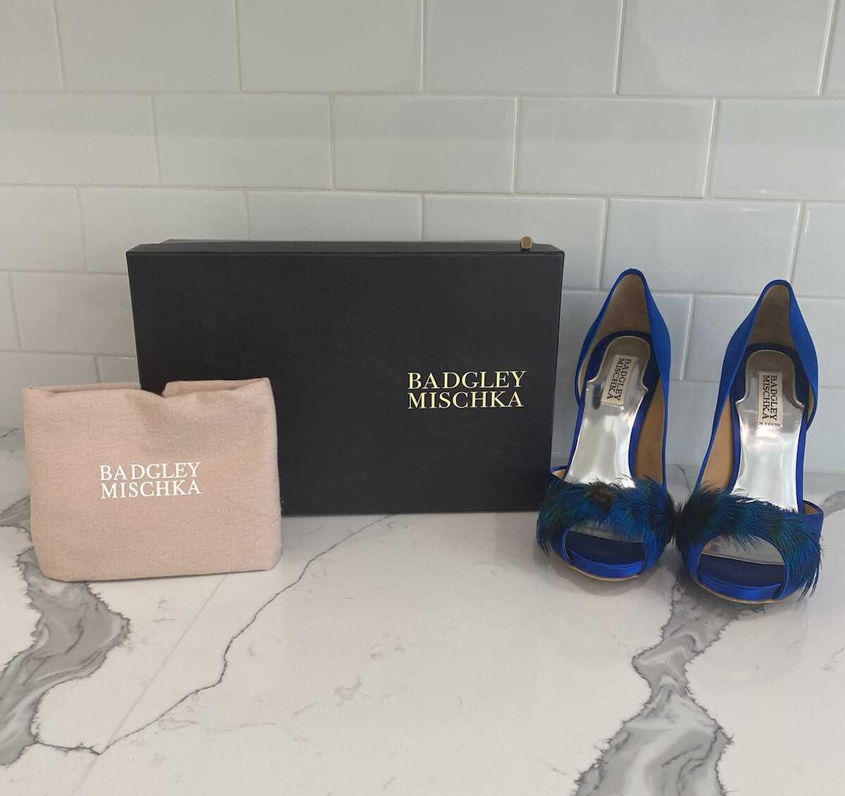 Badgley Mischka Piper Royal Blue Satin Peacock Feather Peeptoe High Heel  Pumps