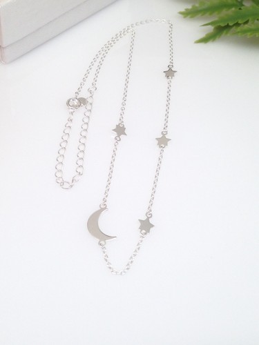 925 Sterling Silver Tiny Star Crescent Moon Station Choker Necklace 4/10mm 15.5" - Picture 4 of 9