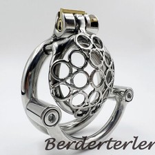 Stainless Steel Male Honeycomb Chastity Cage Device Ring Lock Scrotum Stretcher