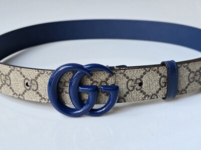 Gucci GG Marmont Belt 80 32 Blue Leather Brown Supreme Print  display picture 1