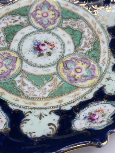 Floral Antique Hand Painted Plate : Cobalt Blue White Aqua Gold Color - Picture 4 of 14