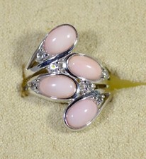 PERUVIAN PINK OPAL CABS-WHITE ZIRCON-SIZE 6 BYPASS RING -STERLING SILVER
