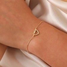 Heart Bracelet, 14K Solid Gold Heart Knot Bracelet, Tiny Real 14K Heart Bracelet