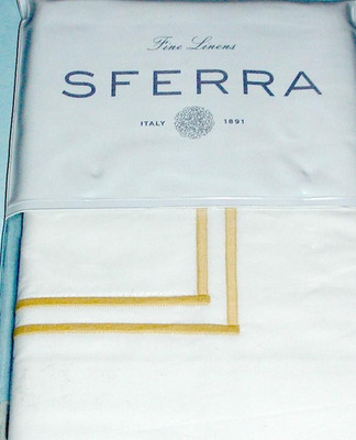 Sferra Grande Hotel King Sham Cotton Percale Wh/Banana Double Row Embroidery New