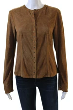 Worth Womens Leather Perforated Embellished Long Button Down Top Brown Size 8
