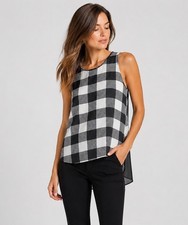 Rag Bone Harper Top Xs Forest Green Ivory Buffalo Plaid Silk Split Back Tank