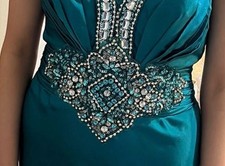 Vintage-Style Teal Satin Prom Gown – Beaded Halter Neck – Open Back – Size 4