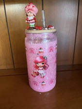 Strawberry Shortcake Pink Glitter Tumbler Cup w/ Straw, Lid 16 oz