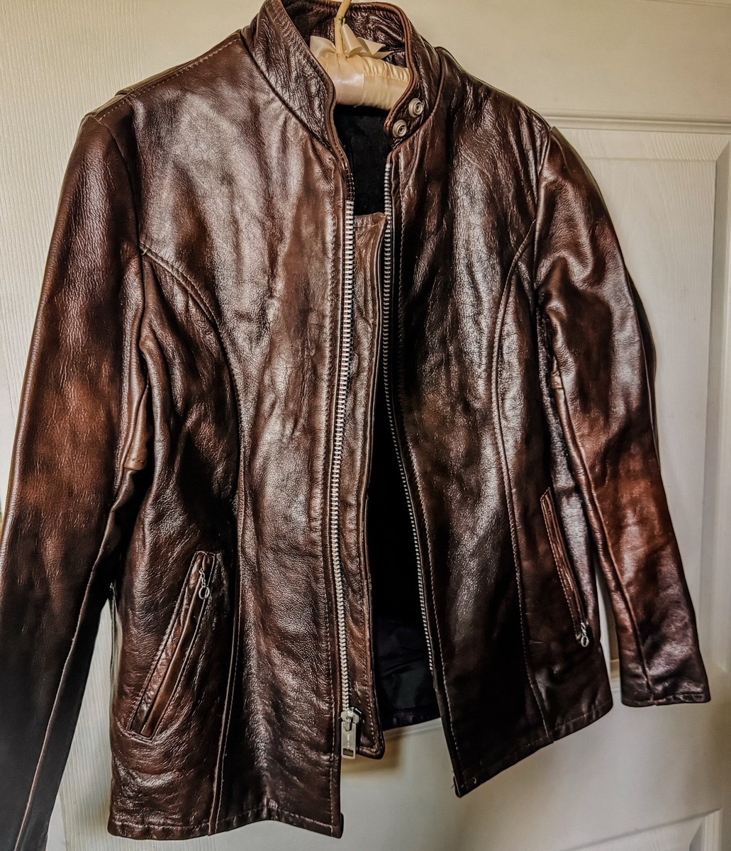 Vintage Lesco Leathers Brown Café Racer Jacket Serval Zip USA Teen
