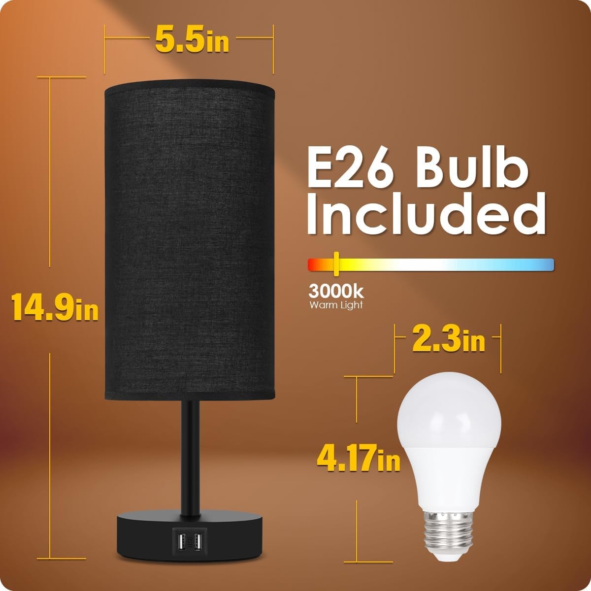 Bedside Lamps with USB Port - Touch Control Table Lamp for Bedroom 3 Way Black