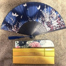 Japanese Fan Butterfly Flower Navy Hand Fan Set Elegant Gift Summer Style