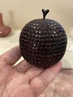 Antique Hand Carved Textured Wooden Trinket  Box Round Hobnail Fruit Shape