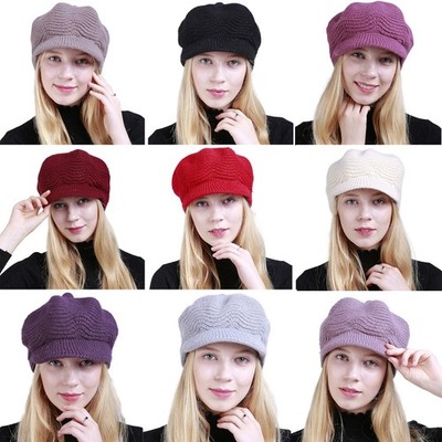 Damen Zopfmuster Winter Warm Beanie Hut Schirmmütze Wollig Visor Cap Freizeit