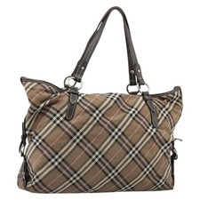 BURBERRY Nova Check Blue Label Hand Bag Canvas Brown Silver Auth bs34399
