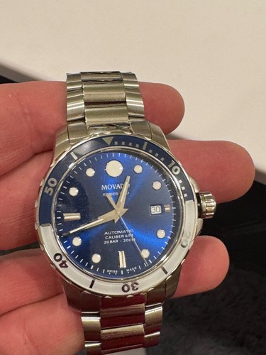 movado 800 series automatic blue and silver face with box and authenticity card