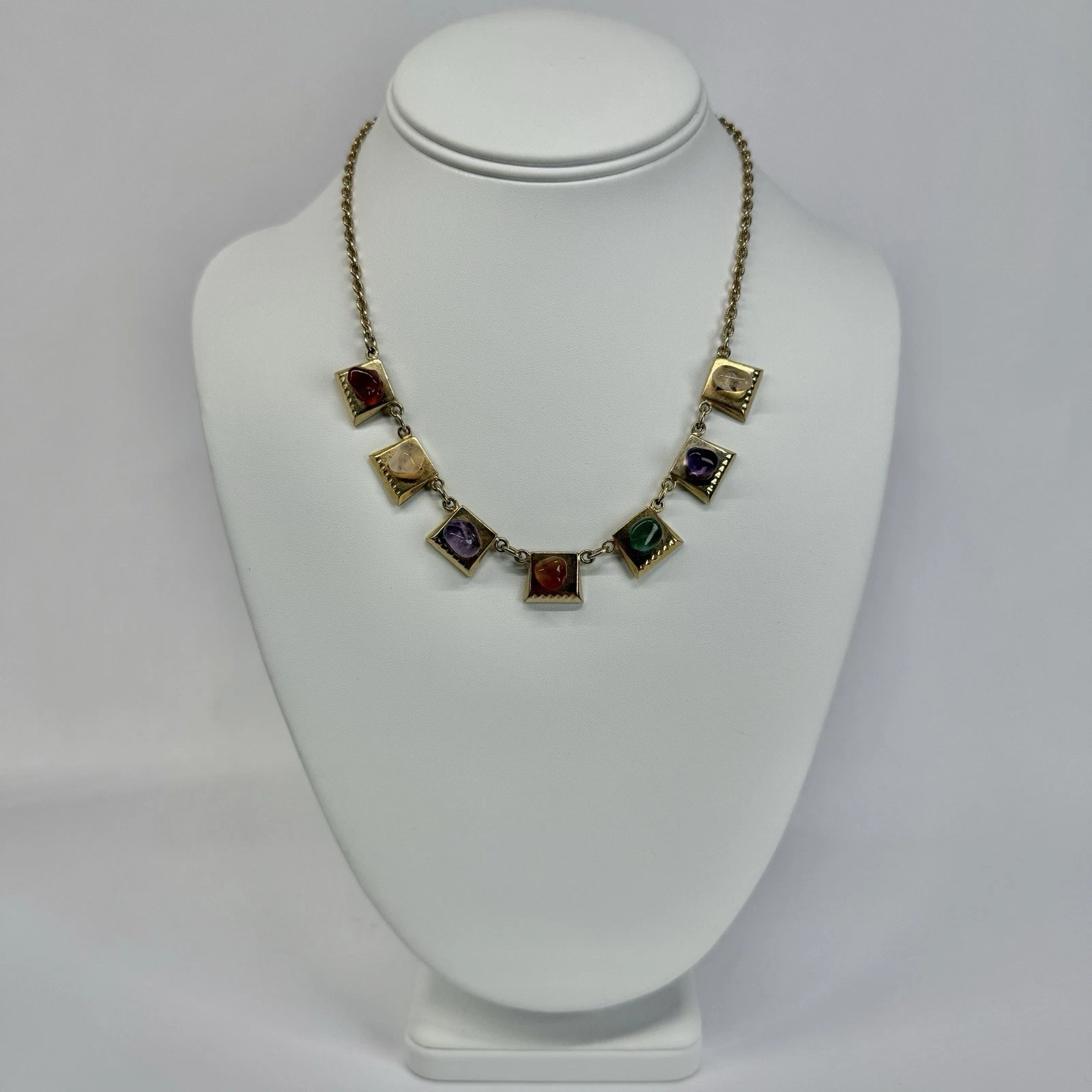 Elegant Multicolor Gemstone Gold Tone Statement Vintage Necklace Jewelry N340