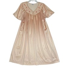 Vintage Vanity Fair Peach Satin Nightgown Chemise Floral Embroidery Size Large