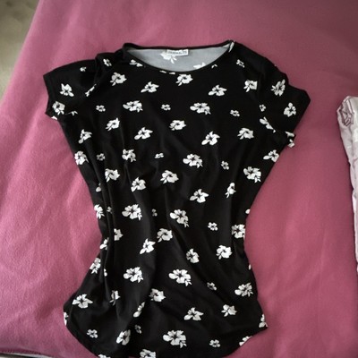 JANINA Damen T-Shirt Longshirt Gr. 45 Schwarz/Weiß Blumen Kurzarm Polyester