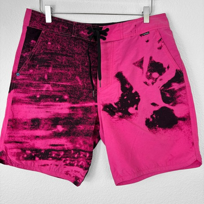 #ad #ad Hurley Men’s Acid Washer Board Shorts 34 Pink Black 8” Neon Print Pocket Cotton $34.88