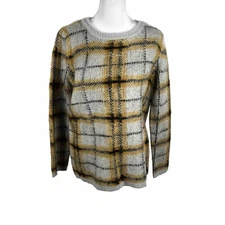 Olive And Oak Yellow Gray Black Plaid Acrylic Sweater Top Small Business Casual
