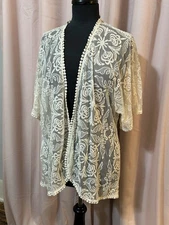 Sans Souci Women’s Size L Duster Kimono Open Cardigan Lace Cover Up Ivory
