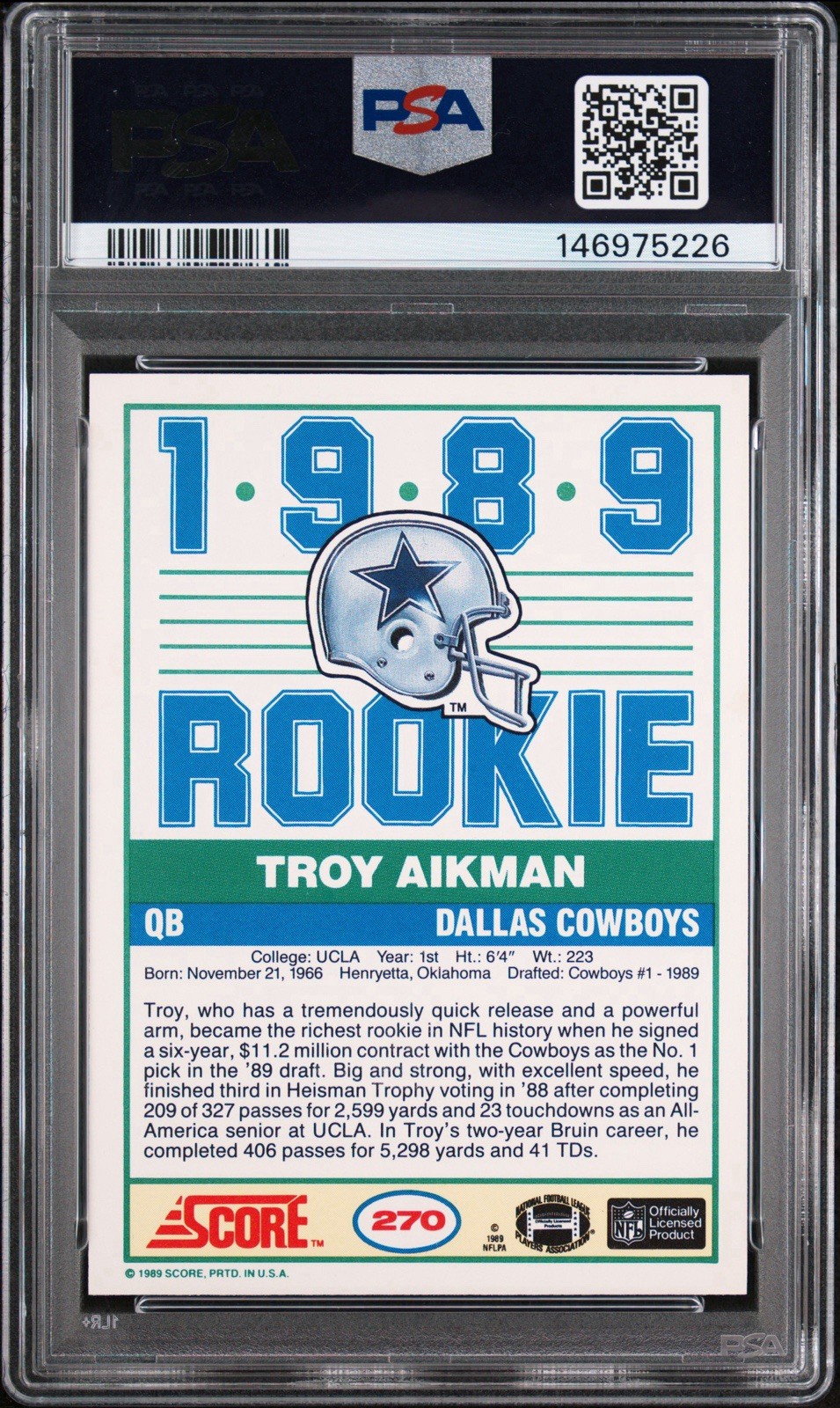 PSA 10 GEM 💎 1989 SCORE #270 TROY AIKMAN ROOKIE RC view 2