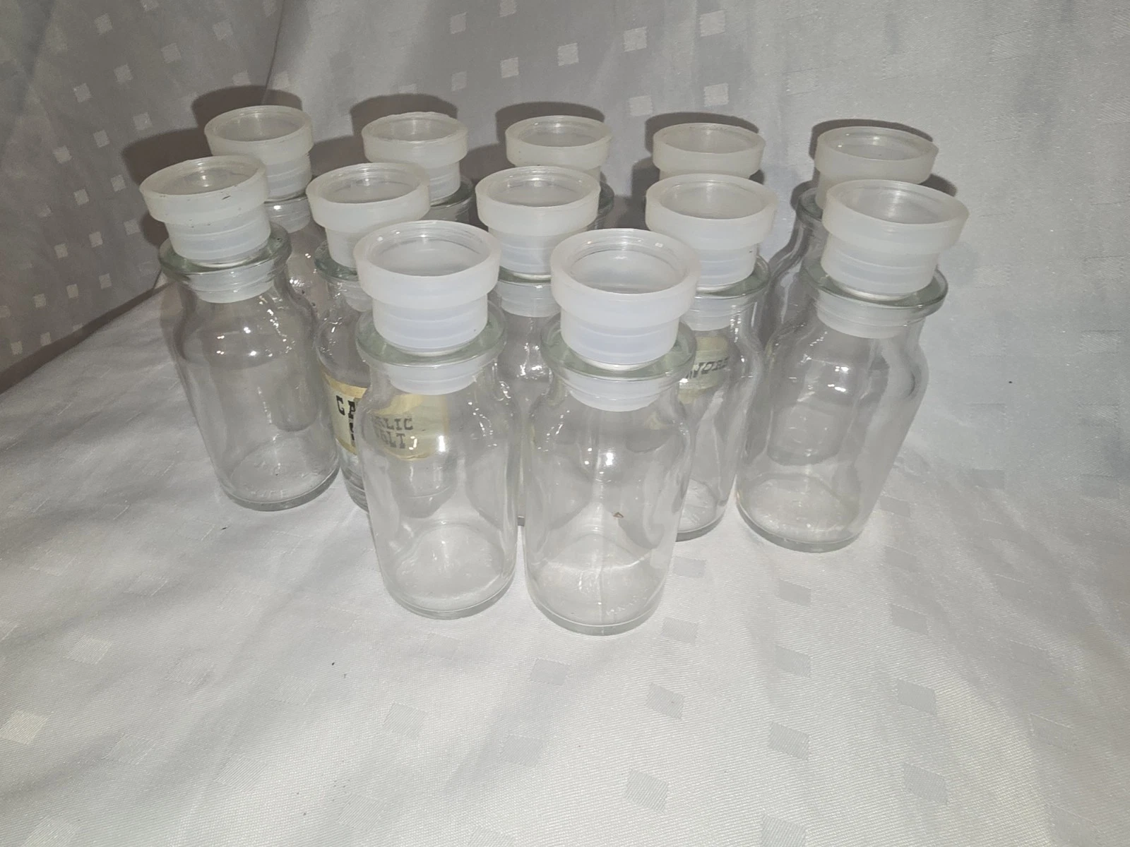 12 Glass 4” Apothecary Jars Vintage Made In Japan Plastic Stopper Top