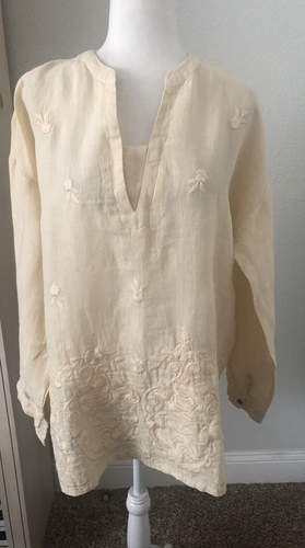 New COLDWATER CREEK XS Oversize Ivory LINEN SHIRT Blouse TUNIC Top Embroidered