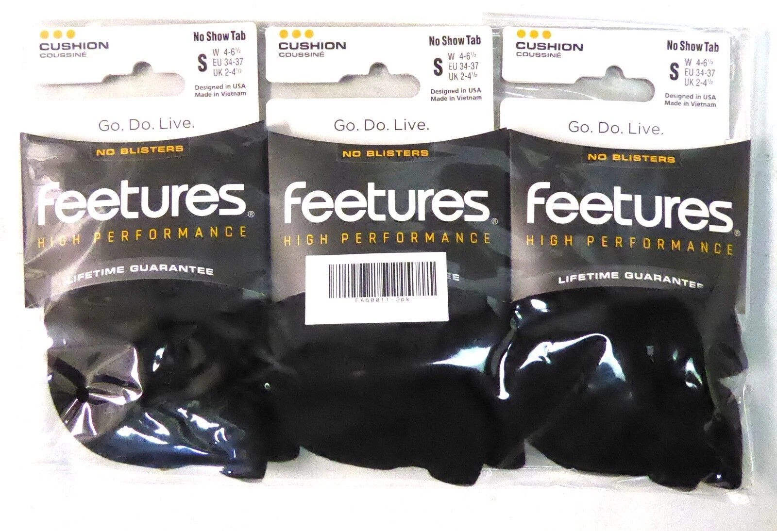 Feetures High Performance Cushion 3 pk No Show Tab (black) Small-XL, Unisex