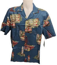 Paradise Found Men's Blue Hawaiian San Francisco Themed Shirt Size Lg NWT