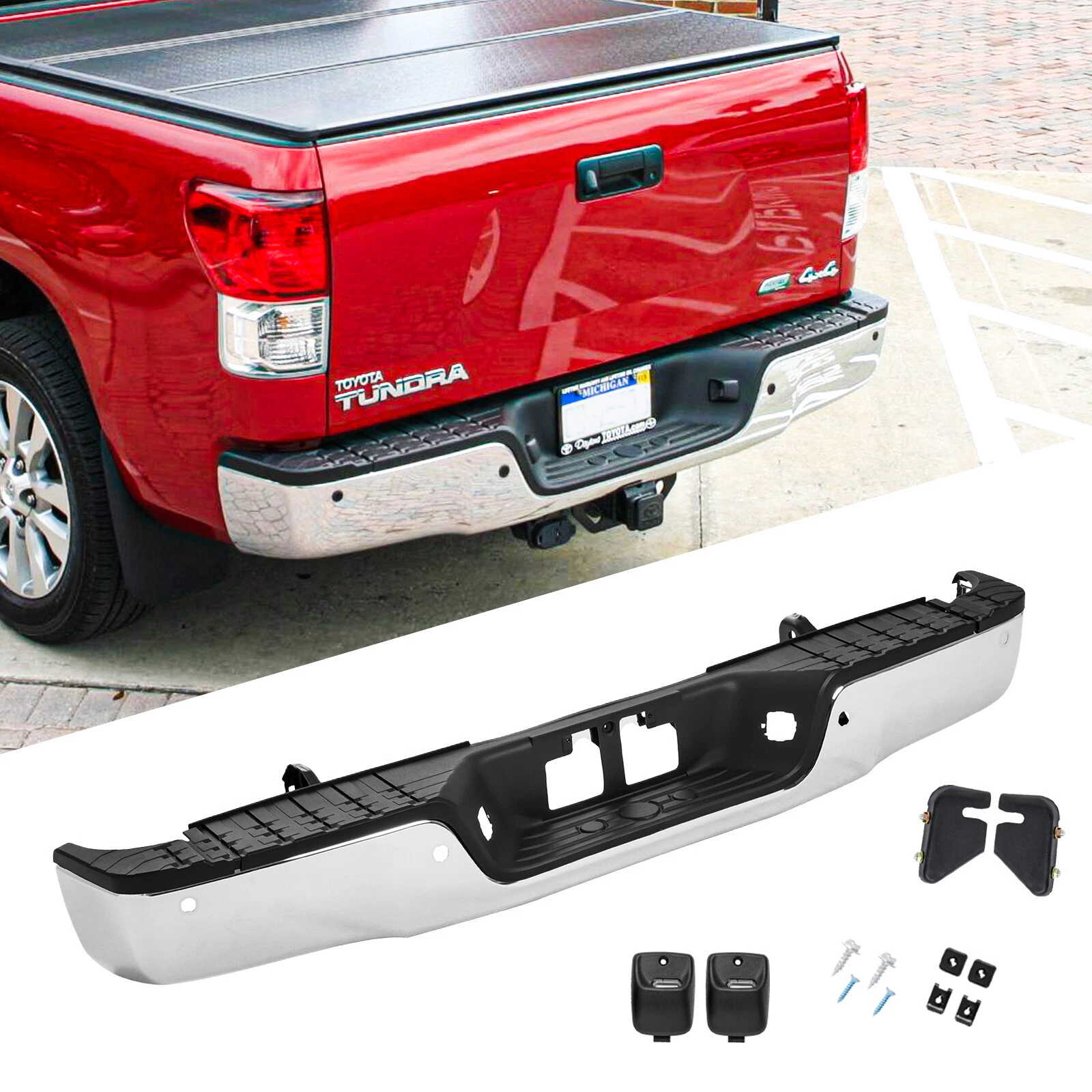 CHROME REAR STEP BUMPER FOR 2007-2013 TOYOTA TUNDRA W/ PARK ASSIST SENSOR HOLES