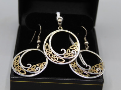 Solvar Sterling Silber 925 Celtic Trinity Ohrringe & Anhänger Set *gebraucht*