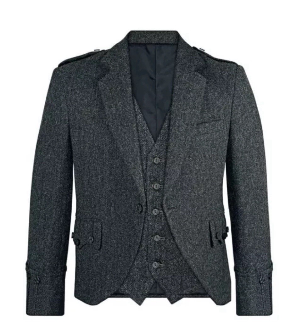 Scottish Men’s Charcoal Grey Blazer Wool Argyle Kilt Jacket With Best