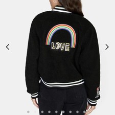Rvca Jacket Sz 8 Small Love Rainbow Black Dream Team Letterman Patch Sherpa $160