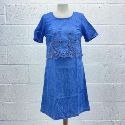 JOHN ROCHA BLUE DENIM MIDI DRESS FLORAL EMBROIDERY SHORT SLEEVE Y2K UK 8
