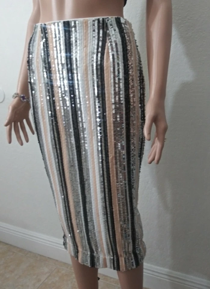 boohoo Size 6 Multicolor Stripe Geometric Glitter Slit In Back A-Line Skirt - Image 3 of 4