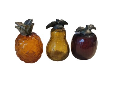 3 Glass Faux Fruit Decor Crackled Glass Look Stems Pineapple Pear Plum