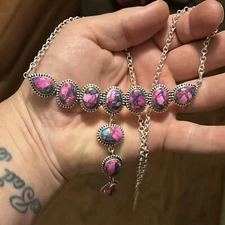 STERLING SILVER NATIVE AMERICAN SW LARGE 4”PINK TURQUOISE MIX BAR NECKLACE .925