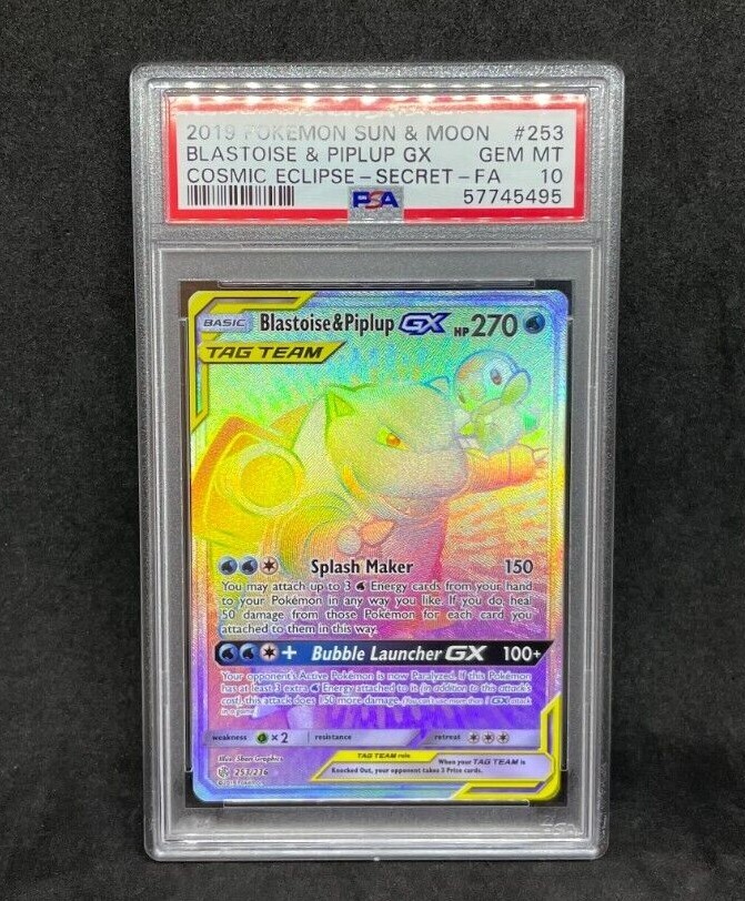Pokemon SM Cosmic Eclipse Blastoise & Piplup GX 253/236 Secret Rare Holo PSA 10