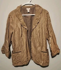 Chico's Women's Size 3 Crinkle Metallic Gold Tan Open Front Ruched Blazer