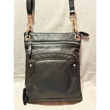 ili New York Black Leather Crossbody MultiPocket Adjustable Strap Excellent Cond