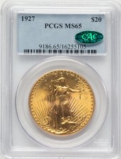 1927 $20 CAC Saint-Gaudens Double Eagle PCGS MS65