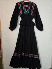 JT Dress Jody Of California Black Boho Maxi Stripes Smocked Waist Vintage
