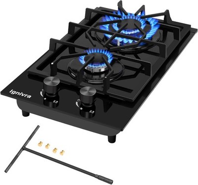 Gas Hob Built-in 2 Burner 12000W Black Glass