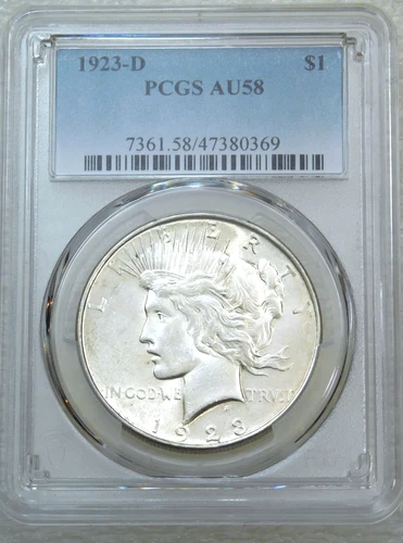 1923-D Peace Silver Dollar PCGS AU58 Frosty PQ for the grade New Holder #V237F