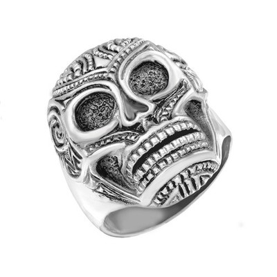Sterling Silber Tag der Toten Sugar Skull breiter gegossener Herrenring